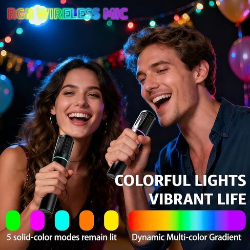 Rechargeable Wireless Microphones & Bluetooth Dual-Mics Receiver for Karaoke, Singing, Speech, DJ, 24H Battery, 200ft, RGB Light, Wireless Microphone Set for Mic/Aux/USB Port (Dual Mic, Black) in Saudi Arabia