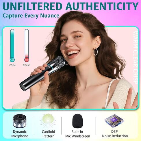 Rechargeable Wireless Microphones & Bluetooth Dual-Mics Receiver for Karaoke, Singing, Speech, DJ, 24H Battery, 200ft, RGB Light, Wireless Microphone Set for Mic/Aux/USB Port (Dual Mic, Black) in Saudi Arabia