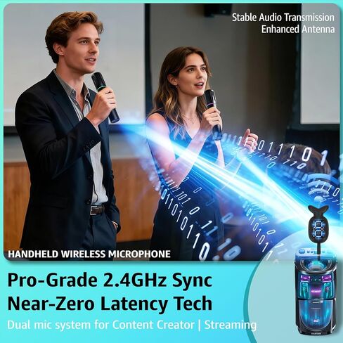 Rechargeable Wireless Microphones & Bluetooth Dual-Mics Receiver for Karaoke, Singing, Speech, DJ, 24H Battery, 200ft, RGB Light, Wireless Microphone Set for Mic/Aux/USB Port (Dual Mic, Black) in Saudi Arabia