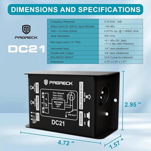 PRORECK DC21 Passive DI Box for Guitar & Bass, Direct Box with Hum Eliminator, Input Attenuator, Ground Lift, 50kΩ Impedance, 1/4" to Balanced XLR Out for Live/Studio (DC21) in Kuwait