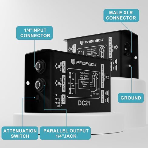 PRORECK DC21 Passive DI Box for Guitar & Bass, Direct Box with Hum Eliminator, Input Attenuator, Ground Lift, 50kΩ Impedance, 1/4" to Balanced XLR Out for Live/Studio (DC21) in Kuwait