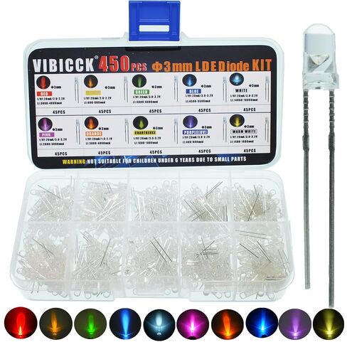 VIBICCK450 Pieces, 10 Colors 3MM LED Light Emitting diode lamp Combination Set. Lighting Bulbs, Light-Emitting Lamps, diodes, Electronic Components in Kuwait