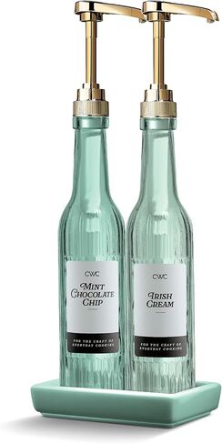 COOK WITH COLOR Glass Coffee Syrup Dispenser with Pump- Set of 2 Syrup Bottles for Coffee Bar, Decorative 350 ML Bottle with Ceramic Holder, Funnel, Labels and Extra Pumps, Textured Pink in Kuwait