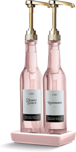 COOK WITH COLOR Glass Coffee Syrup Dispenser with Pump- Set of 2 Syrup Bottles for Coffee Bar, Decorative 350 ML Bottle with Ceramic Holder, Funnel, Labels and Extra Pumps, Textured Pink in Saudi Arabia