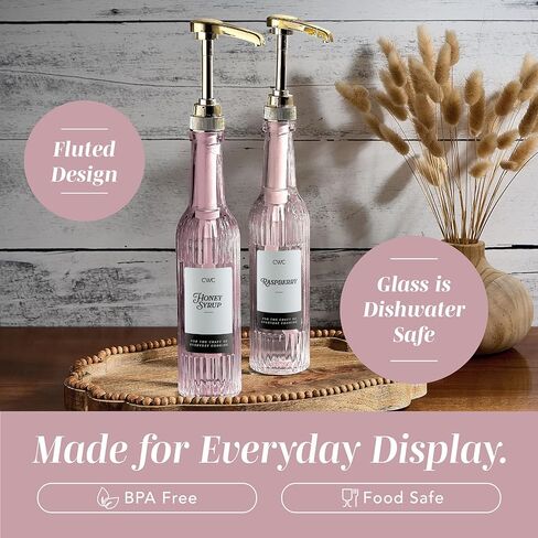 COOK WITH COLOR Glass Coffee Syrup Dispenser with Pump- Set of 2 Syrup Bottles for Coffee Bar, Decorative 350 ML Bottle with Ceramic Holder, Funnel, Labels and Extra Pumps, Textured Pink in Saudi Arabia