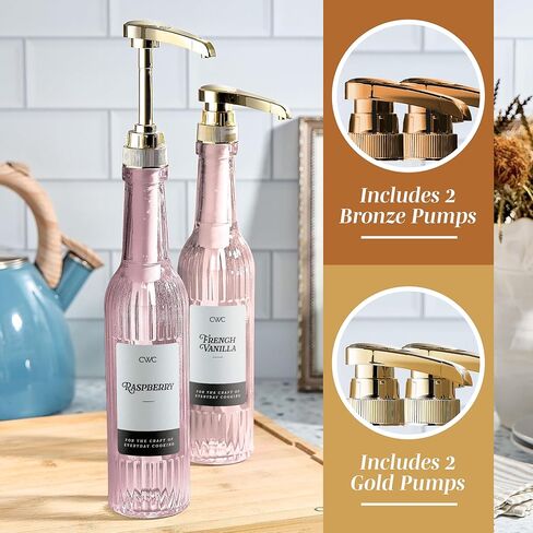 COOK WITH COLOR Glass Coffee Syrup Dispenser with Pump- Set of 2 Syrup Bottles for Coffee Bar, Decorative 350 ML Bottle with Ceramic Holder, Funnel, Labels and Extra Pumps, Textured Pink in Saudi Arabia