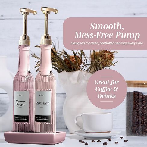 COOK WITH COLOR Glass Coffee Syrup Dispenser with Pump- Set of 2 Syrup Bottles for Coffee Bar, Decorative 350 ML Bottle with Ceramic Holder, Funnel, Labels and Extra Pumps, Textured Pink in Saudi Arabia