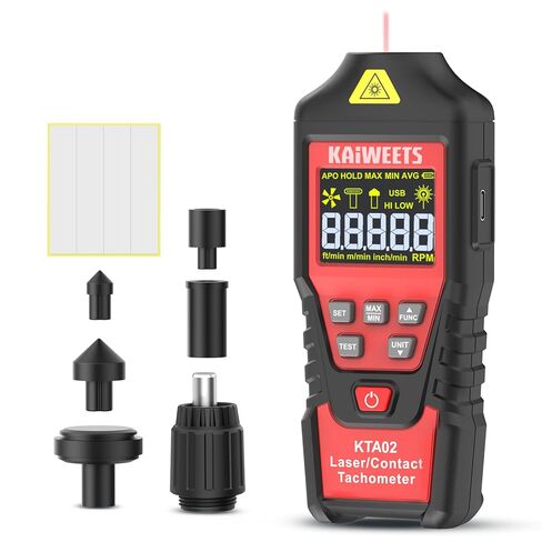 KAIWEETS 2-in-1 Laser & Contact Tachometer with Rechargeable Battery, Photo Sensor 10-99999RPM and Contact 1-19999RPM High Accuracy RPM Meter with Backlight Hold/MAX/MIN/AVG, HI/Low Alarm Function in Saudi Arabia