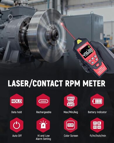 KAIWEETS 2-in-1 Laser & Contact Tachometer with Rechargeable Battery, Photo Sensor 10-99999RPM and Contact 1-19999RPM High Accuracy RPM Meter with Backlight Hold/MAX/MIN/AVG, HI/Low Alarm Function in Saudi Arabia
