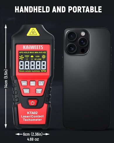 KAIWEETS 2-in-1 Laser & Contact Tachometer with Rechargeable Battery, Photo Sensor 10-99999RPM and Contact 1-19999RPM High Accuracy RPM Meter with Backlight Hold/MAX/MIN/AVG, HI/Low Alarm Function in Saudi Arabia