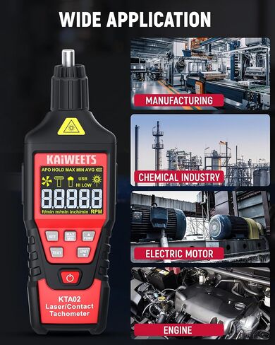 KAIWEETS 2-in-1 Laser & Contact Tachometer with Rechargeable Battery, Photo Sensor 10-99999RPM and Contact 1-19999RPM High Accuracy RPM Meter with Backlight Hold/MAX/MIN/AVG, HI/Low Alarm Function in Saudi Arabia