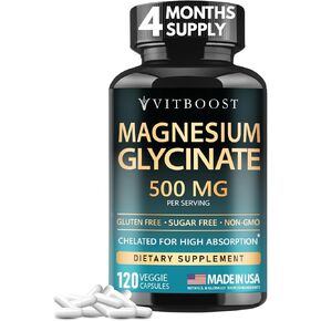 VITBOOST Magnesium Glycinate 500mg - مكمل مخلبي عالي الامتصاص - يدعم النوم وتعافي العضلات وصحة القلب - غير معدل وراثيًا، نباتي - 120 كبسولة - صنع في الولايات المتحدة الأمريكية in Kuwait
