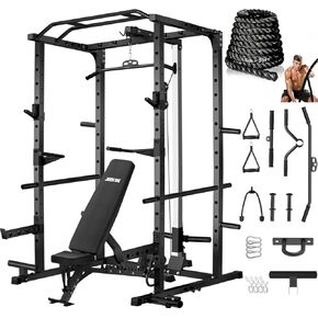 رف طاقة JEEKEE سعة 2000 رطل مع منسدلة LAT، قفص طاقة متعدد الوظائف مع نظام كابل، أذرع أمان، لغم أرضي، شريط سحب وملحقات، رف قرفصاء عالي التحمل لصالة الألعاب الرياضية المنزلية، أسود in Kuwait