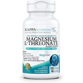 Kappa Nutrition مدعوم من Magbrain™ Magnesium L-Threonate، 60 كبسولة نباتية، 420 ملجم من المغنيسيوم الأولي (3 كبسولات) من 2253 ملجم، دعم الدماغ والنوم والعضلات. in Kuwait
