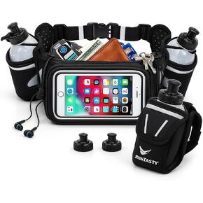 Hydration Bundle – Running Belt w/ 2 Bottles + 2-in-1 Handheld 12 oz Bottle & Belt Add-On + Push-Pull Replacement Lids – Waterproof Pockets, Touchscreen Cover, No-Bounce Design in Kuwait