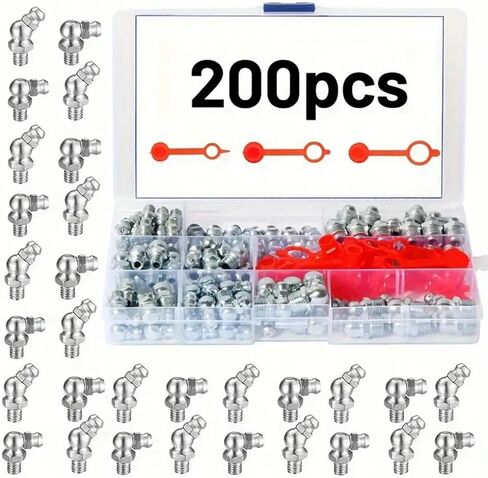 200pcs Stainless Steel Grease Nipple Set, M6 M8 M10 Straight & Elbow Zerks, 45° 90° 180° Hex Head Fittings for Automotive and Machinery Maintenance in Kuwait