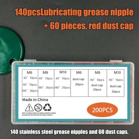 200pcs Stainless Steel Grease Nipple Set, M6 M8 M10 Straight & Elbow Zerks, 45° 90° 180° Hex Head Fittings for Automotive and Machinery Maintenance in Kuwait