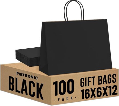 METRONIC 100 Pack 16X6X12 Large Black Paper Gift Bags, Kraft Shopping Bag with Handles for Small Business, Boutique, Gift Wrap, Bulk in Kuwait
