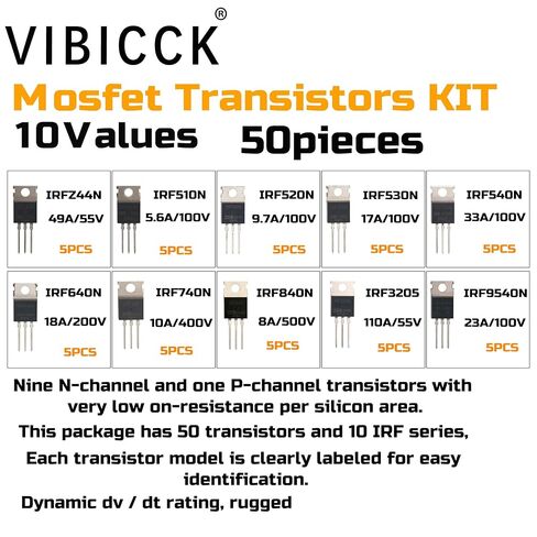 10Values 50pcs IRFZ44N, IRF510N, IRF520, IRF530N, IRF540N, IRF640N, IRF740, IRF840, IRF3205, IRF9540 Series MOSFET Transistor Components, Combination kit TO-220 in Kuwait