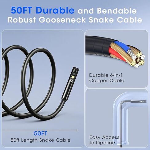 Triple Lens Borescope with 5" IPS Screen, 1920P HD Inspection Endoscope Camera with 50FT Semi-Rigid Snake Cable & 32GB Card, IP67 Waterproof Plumbing Camera for Sewer/Automotive/Drain Pipe in Kuwait