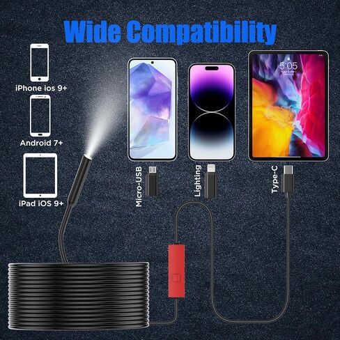 Endoscope Camera with Light, 1920P HD Borescope Camera with Light,Semi-Rigid Inspection Endoscope with 8 Adjustable LED, IP68 Waterproof Drain Scope Camera for for iOS/Android,16.4ft in Saudi Arabia
