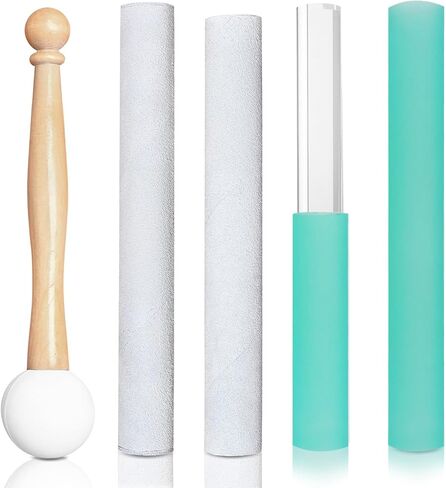 5 Pcs Singing Bowl Mallet Set, Rubber Mallet with Wooden Handle, Acrylic Silicone Rubber Mallet Striker, Handmade Thick Suede Sheepskin Striker for Playing Quartz Crystal Singing Bowls(Green) in Kuwait