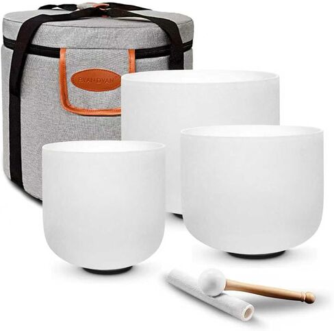 مجموعة وعاء الغناء الكريستالي ريان دفان 432 هرتز من 3 قطع، تاج 6 بوصة B، حنجرة 7 بوصة، قلب 8 بوصة F مع حافظة من الجلد السويدي وعلاج صوتي على شكل حلقة لليوجا والريكي وشاكرا لضبط الطاقة واليقظة الذهنية in Kuwait