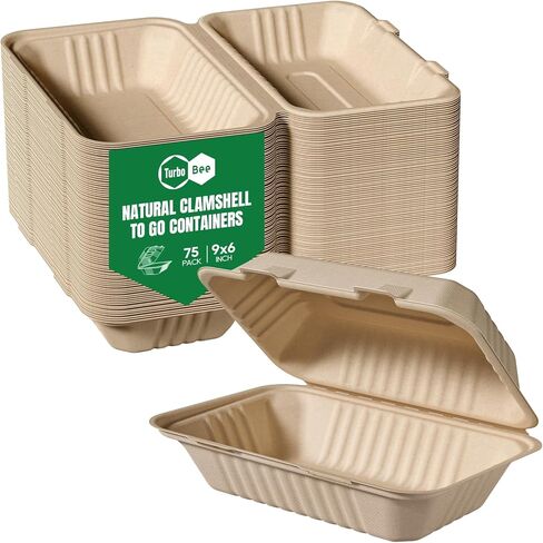 Turbo Bee 75 Pack Natural Compostable Take Out Containers, 9x6 Disposable Clamshell Food Containers with Lids, To Go Boxes for Food Truck, BBQ, Meal Prep & Catering in Kuwait