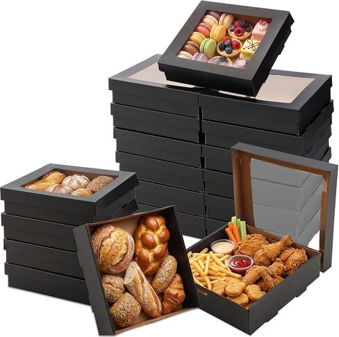 Remerry 20 Pack Black Bakery Boxes with Window Lids, 9.06 x 9.06 x 2.36 Inch Large Cookie Boxes, to Go Paper Food Containers Disposable, Greaseproof Pastry for Charcuterie or Cupcakes in Saudi Arabia