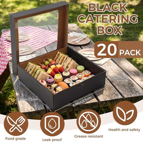 Remerry 20 Pack Black Bakery Boxes with Window Lids, 9.06 x 9.06 x 2.36 Inch Large Cookie Boxes, to Go Paper Food Containers Disposable, Greaseproof Pastry for Charcuterie or Cupcakes in Saudi Arabia