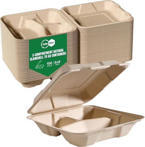 Turbo Bee 100 Pack 8x8inch Natural 3 Compartment Take Out Containers with Lids, Disposable Clamshell Meal Prep Containers, Divided Food Boxes for Food Truck, BBQ, Catering & Lunch in Kuwait