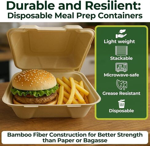 Dtocs Bamboo Clamshell Takeout Containers 8x8 [70 Pack] Heavy Duty Disposable Food Boxes Compostable Eco Friendly To Go Containers with Hinged Lids for Restaurants Catering in Saudi Arabia