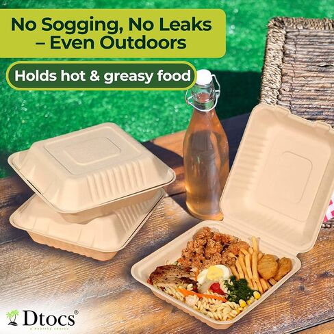 Dtocs Bamboo Clamshell Takeout Containers 8x8 [70 Pack] Heavy Duty Disposable Food Boxes Compostable Eco Friendly To Go Containers with Hinged Lids for Restaurants Catering in Saudi Arabia