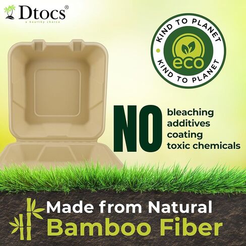 Dtocs Bamboo Clamshell Takeout Containers 8x8 [70 Pack] Heavy Duty Disposable Food Boxes Compostable Eco Friendly To Go Containers with Hinged Lids for Restaurants Catering in Saudi Arabia
