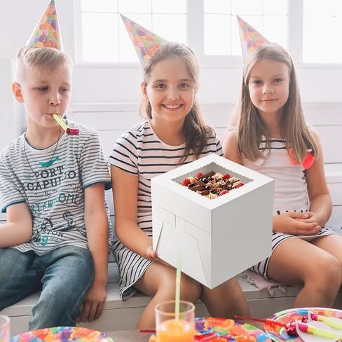 4 عبوات من علب الكيك، صندوق خبز بطول 20.32 × 20.32 × 20.32 سم مع نافذة وملصقات، حاويات كعكة للاستعمال مرة واحدة لحفلات الزفاف، وأعياد الميلاد، والحفلات in Kuwait