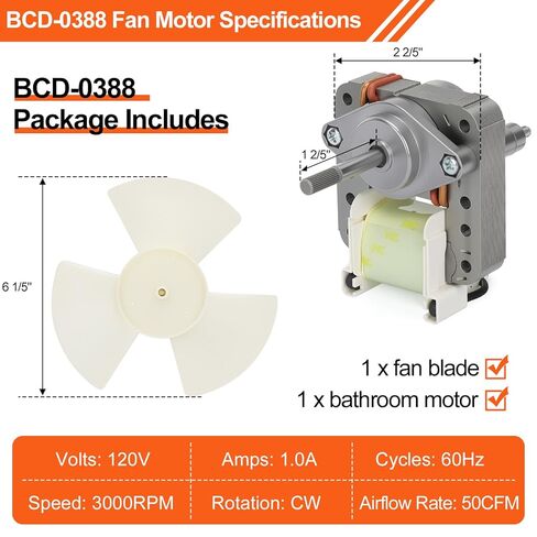 BCD-0388 Ceiling Exhaust Fan Motor and Blade Combo – Quiet 1.0 Sones, 50 CFM High Airflow Replacement for Mobile Home Bathroom Exhaust Fan – Compatible with V2262-50, V2244-50, V2245-50 Models in Kuwait