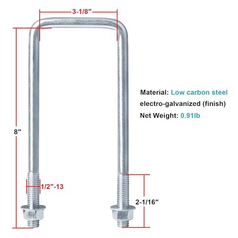 4 PCS 3" Wide Square U-Bolt, 1/2" x 3-1/8" x 8" Square Boat Trailer U Bolts Clamp, Electro-Galvanized in Saudi Arabia