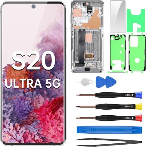 AMOLED Screen Replacement for Samsung Galaxy S20 Ultra 5G OLED Display Touch Digitizer Full Assembly with Cosmic Black Frame and Side Button Glass Repair Tools Kit SM-G988U SM-G988U1 in Kuwait
