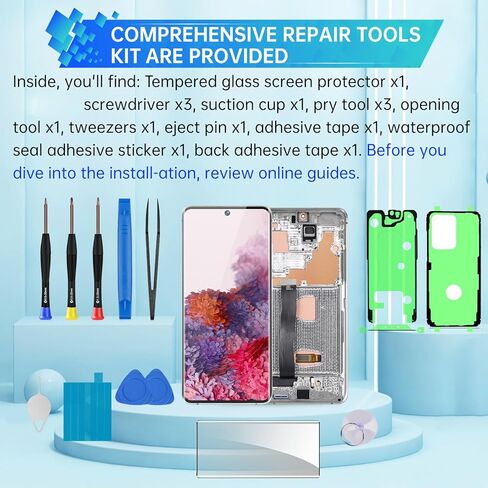 AMOLED Screen Replacement for Samsung Galaxy S20 Ultra 5G OLED Display Touch Digitizer Full Assembly with Cosmic Black Frame and Side Button Glass Repair Tools Kit SM-G988U SM-G988U1 in Kuwait