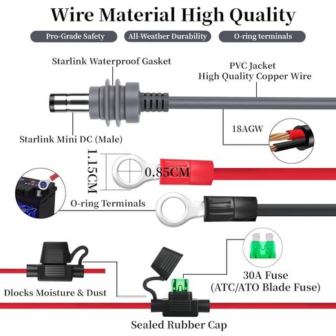 كابل تمديد Starlink Mini O Ring إلى DC - كابل طاقة 18AWG مع حامل مصهر ATC/ATO، بطارية السيارة إلى شاحن DC للتخييم خارج الشبكة/RV/الشاحنة، مصدر طاقة في حالات الطوارئ (3M/10FT) in Saudi Arabia