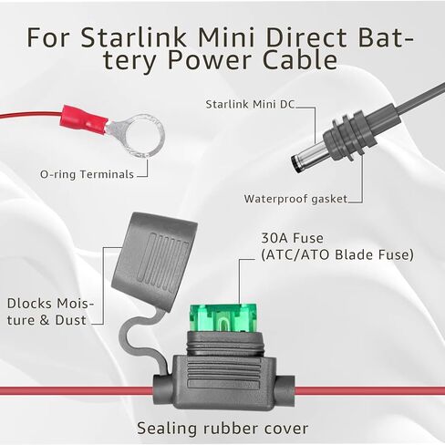 Sigely Replacement for 9.8 FT Starlink Mini O Ring Connecters Extension Cable,18AWG Starlink Mini Direct Battery Power Cable, with ATC/ATO Fuse Holder, Fits for RV, Off-Road, Boat, Off-Grid Solar in Kuwait
