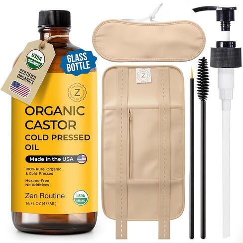 Zen Routine Castor Oil Pack Wrap + Glass Bottle Castor Oil 16oz Set — Organic Cold-Pressed, Hexane Free — Exceptionally Soft Reusable Wrap with Adjustable Straps — Made in USA in Kuwait
