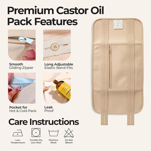 Zen Routine Castor Oil Pack Wrap + Glass Bottle Castor Oil 16oz Set — Organic Cold-Pressed, Hexane Free — Exceptionally Soft Reusable Wrap with Adjustable Straps — Made in USA in Kuwait