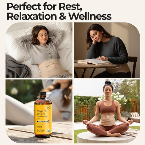 Zen Routine Castor Oil Pack Wrap + Glass Bottle Castor Oil 16oz Set — Organic Cold-Pressed, Hexane Free — Exceptionally Soft Reusable Wrap with Adjustable Straps — Made in USA in Kuwait