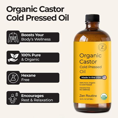 Zen Routine Castor Oil Pack Wrap + Glass Bottle Castor Oil 16oz Set — Organic Cold-Pressed, Hexane Free — Exceptionally Soft Reusable Wrap with Adjustable Straps — Made in USA in Kuwait