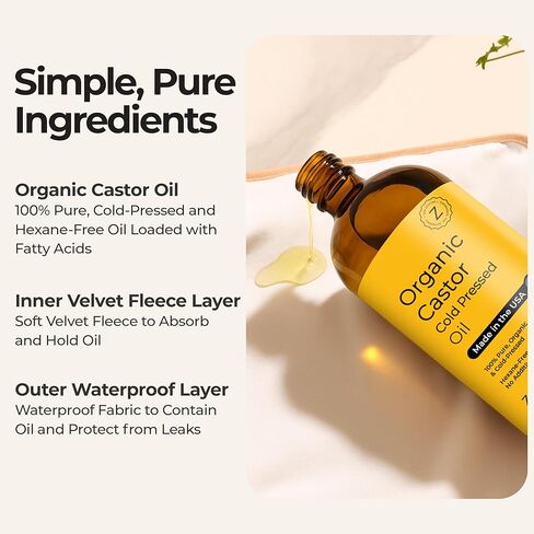 Zen Routine Castor Oil Pack Wrap + Glass Bottle Castor Oil 16oz Set — Organic Cold-Pressed, Hexane Free — Exceptionally Soft Reusable Wrap with Adjustable Straps — Made in USA in Kuwait