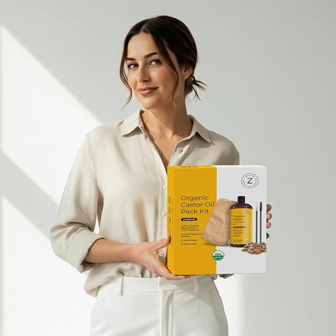 Zen Routine Castor Oil Pack Wrap + Glass Bottle Castor Oil 16oz Set — Organic Cold-Pressed, Hexane Free — Exceptionally Soft Reusable Wrap with Adjustable Straps — Made in USA in Kuwait