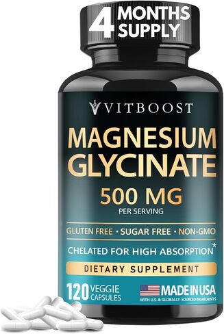 VITBOOST Magnesium Glycinate 500mg - مكمل مخلبي عالي الامتصاص - يدعم النوم وتعافي العضلات وصحة القلب - غير معدل وراثيًا، نباتي - 120 كبسولة - صنع في الولايات المتحدة الأمريكية in Kuwait
