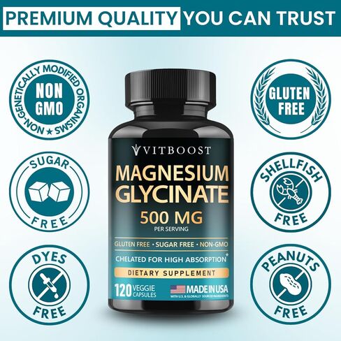VITBOOST Magnesium Glycinate 500mg - مكمل مخلبي عالي الامتصاص - يدعم النوم وتعافي العضلات وصحة القلب - غير معدل وراثيًا، نباتي - 120 كبسولة - صنع في الولايات المتحدة الأمريكية in Kuwait