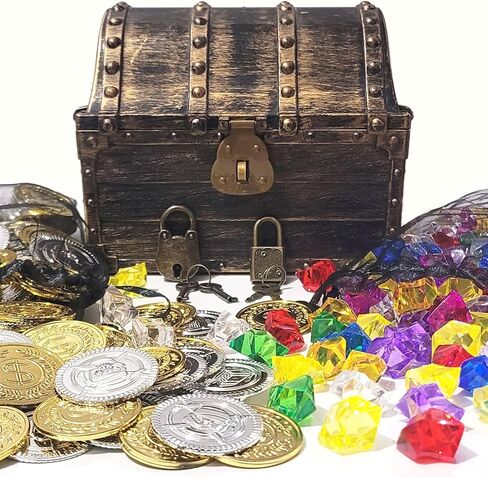 صندوق الكنز لجوائز الأطفال ، وصدر الكنز البلاستيكي مع 288 عملات ذهبية من الكنز والأحجار الكريمة ، والمجوهرات- مثالية للحفلات والألعاب تحت عنوان القراصنة in Kuwait
